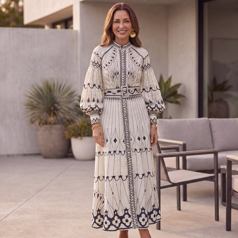 Elegant Printed Long Sleeve Belted Maxi Dress