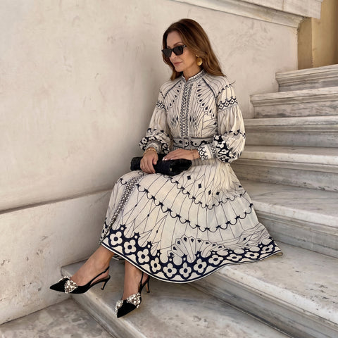 Elegant Printed Long Sleeve Belted Maxi Dress