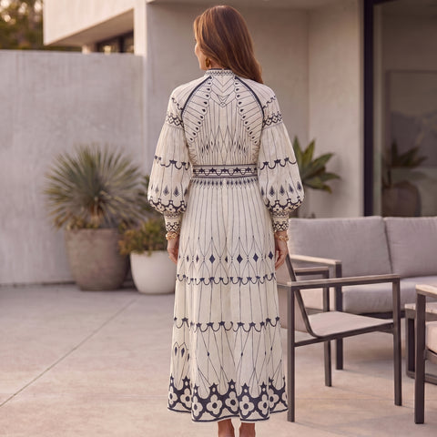 Elegant Printed Long Sleeve Belted Maxi Dress