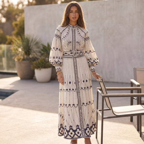 Elegant Printed Long Sleeve Belted Maxi Dress